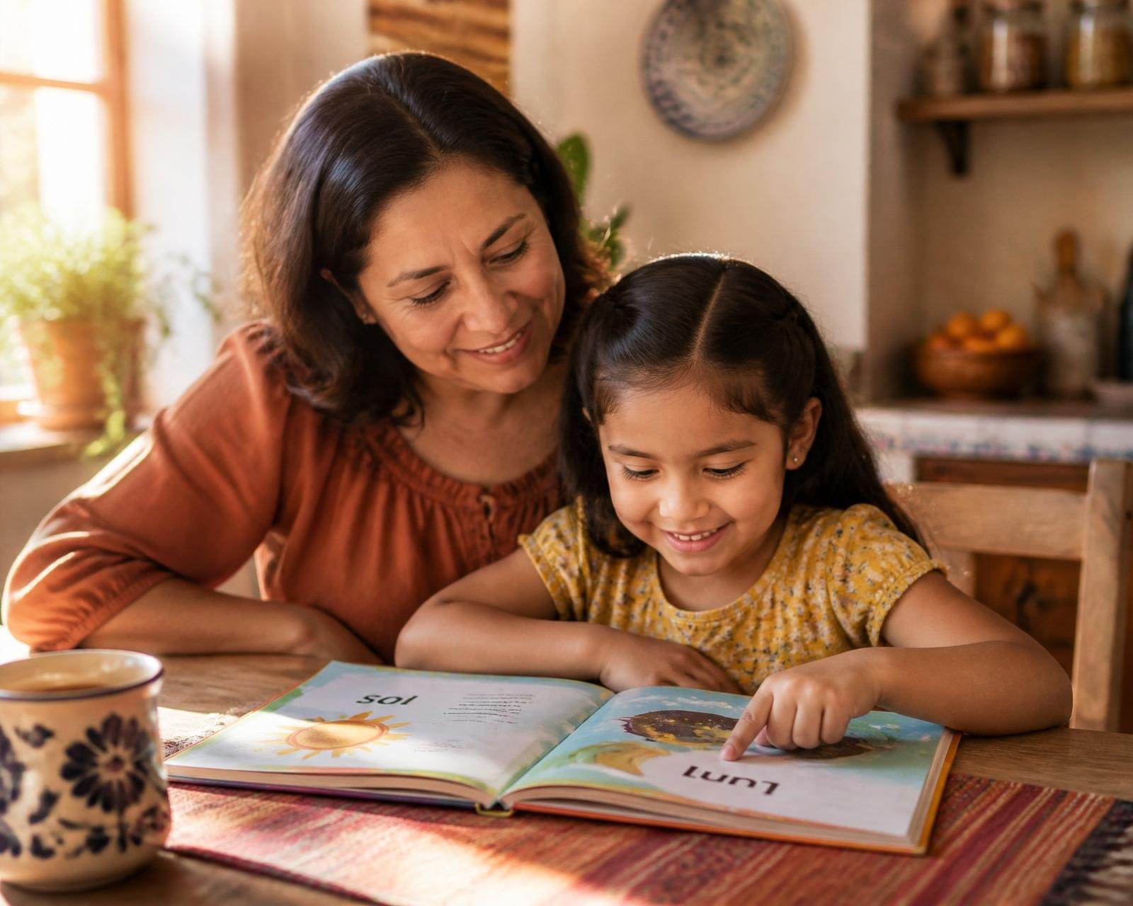 Mamá latina leyendo un libro con su hija pequeña en la mesa de la cocina